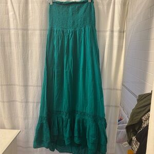 Anthropologie Maeve Green Fit and Flare Maxi dress with Ruffled Smocked-M